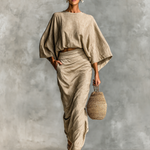 Women's Cotton And Linen Blend Bat Sleeve Long Skirt Two-piece Set