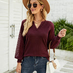 Nadorine V Neck Tops Solid Color Blouse Long Sleeve Pullover Lace Patchwork Shirt