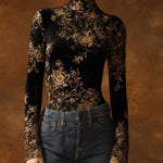 Long Sleeves Skinny Contrast Color Flower Print Split-Joint High Neck Blouses&Shirts Tops