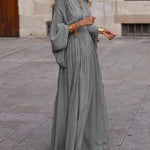 Raglan Sleeve Pleated Split-Joint V-Neck Maxi Dresses