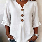 Solid V-Neck Button Ruffle Half Sleeve Casual Top