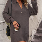 Solid Color Lapel Button Knit Mid Length Sweater Dresses