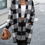 Plaid Dropped Shoulder Cardigan with Pocket