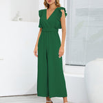 Nadorine Women's Casual Loose Jumpsuit V Neck Sleeveless Solid Ruffle Pleated Wide-leg Long Playsuit with Belt