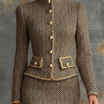 Vintage Herringbone Gold Trim Stand Collar Jacket And Skirt Set