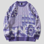 Vintage Floral Pattern Stitching Knit Sweater Casual Loose Round Neck Unisex Sweater