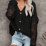 Nadorine Long Sleeve Lace Cable Knit Sweater Open Front Cardigan Button Loose Shirts