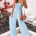 Wide Leg Jumpsuit Pocket Spaghetti Straps Plain Loose Jumpsuit