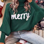 Merry Letter Embroidered High Neck Sweater