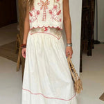 Sunny Day Linen Blend Contrast Embroidered Print Smocked Waist A-line Maxi Skirt
