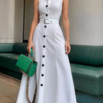 A-Line High Waisted Belted Buttoned Solid Color Lapel Maxi Dresses