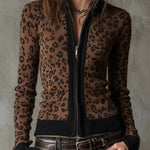 Vintage Leopard Print Slim Fit Zip Cardigan