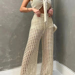Riley Knit Front Knotted Bandeau and Stretch Hollow Out Wide Leg Pants Set