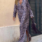 Nadorine Women's Boho Geometric Figure V Neck Long Sleeve Split-Side Long Dresses