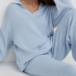 Nadorine Casual Two-Pieces Outfits Lapel V Neck Sweater and Trousers Sets