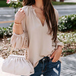 Nadorine V Neck Chiffon Plain Long Sleeve Loose Casual Work Office Blouses