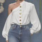 Long Sleeves Loose Asymmetric Buttoned Pleated Solid Color One-Shoulder Blouses&Shirts Tops