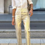 Retro straight-leg gold trousers with loose pockets and wide legs