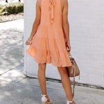 Sleeveless Loose Plain Mini Dresses Mock Neck Layered Ruffled Loose Flowy Swing Short Tank Dress