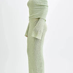 Marisol Ribbed Boucle Material Draped Off Shoulder Stretch Vacation Maxi Dress