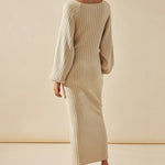 Nadorine Women's Casual Solid Color Knitted Dress V-neck Sweater Dress