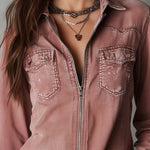 Western Soft Faded Dusty Rose Washed Denim Zip Shirt