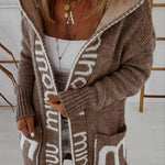 Long Elegant Stripe Cardigan Wool Long Sleeve Hooded Letter Knitted Coat