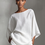 Women's Relaxed Linen-Blend White Boat-Neck Batwing-Sleeve Oversized Top & Wide-Leg Pants Set