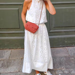 Two Piece Outfits Hollow out Embroidery Hanging Neck Top+High Waist Skirt Sets