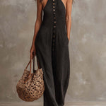 Halter Neck Button-up Sleeveless Knitted Jumpsuit