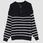 Striped Pattern Quarter Zipper Drop Shoulder Sweater Pullover