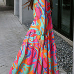 Multicolor Floral Print Ruffle Trim Plunge Neckline Maxi Dress