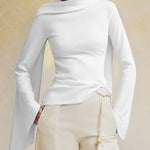 Flared Sleeves Long Sleeves Solid Color Zipper Boat Neck T-Shirts Tops