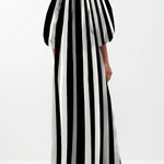 Puff Sleeves Three-Quarter Sleeves Striped V-Neck Maxi Dresses
