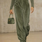 High Waisted Pleated Pockets Solid Color Velvet Pants Trousers