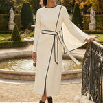 Long Sleeves Minimalist Belted Comfort Contrast Color Round-Neck Midi Dresses