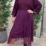 Fenna Ribbed Sequin Trim Batwing Sleeve Sweater and Pleated Tulle Stretch Tank Midi Dress Two-piece Set