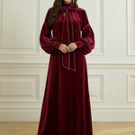 A-Line Long Sleeves Bow-Embellished Pleated Solid Color Split-Joint High Neck Maxi Dresses