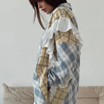 Sky Blue Plaid Print Patchwork Ruffle Shirt