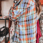 Orange Plaid Print Pocket Loose Shirt