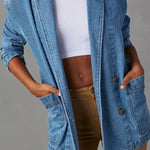 Notch Lapel Button Front Pocketed Denim Blazer