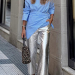Tanie Metallic Fabric Mid-rise Pocket Cropped Wide Straight-leg Pants