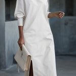 Long Sleeves Loose Solid Color Split-Side One-Shoulder Midi Dresses