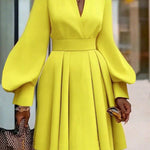 A-Line Long Sleeves Pleated Solid Color V-Neck Mini Dresses