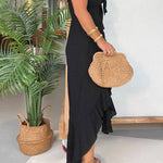 Juney Adjustable Chest Tie Front Ruffles Back Smocked Slit Maxi Dress