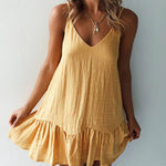 Spaghetti Strap A Line Dress Summer Solid Color Sleeveless V Neck Mini Ruffle Beach Sundress