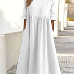 Nadorine Women's Beach Short Sleeve Scoop Neck Ruffle Swing Casual Boho Midi Dress with Pockets