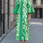 Flared Sleeves Loose Flower Print Pleated Pockets Split-Side V-Neck Maxi Dresses