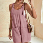 Knot Front Pocket Patched Overall Shorts Romper Without Tube Top Jumpsuits