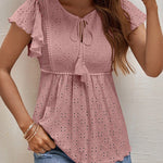 Nadorine Eyelet Tie-Neck Flutter-Sleeve Top Solid Color Casual Blouse for Women Casual Work Office Loose Fit 2026 | Under $40